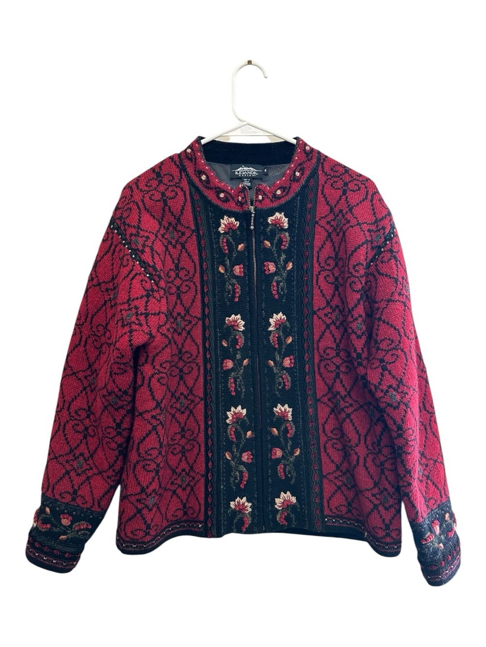 Vintage Y2K Icelandic Design 100% Wool Red @ Black Zip Front Jacket Size Medium